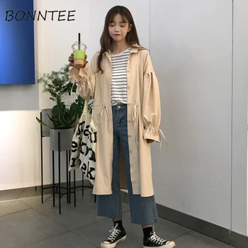 

Trench Women Loose Puff Sleeve Bow Long Leisure Overcoat Womens Single Breasted Korean Style All-match Female Daily High Quality