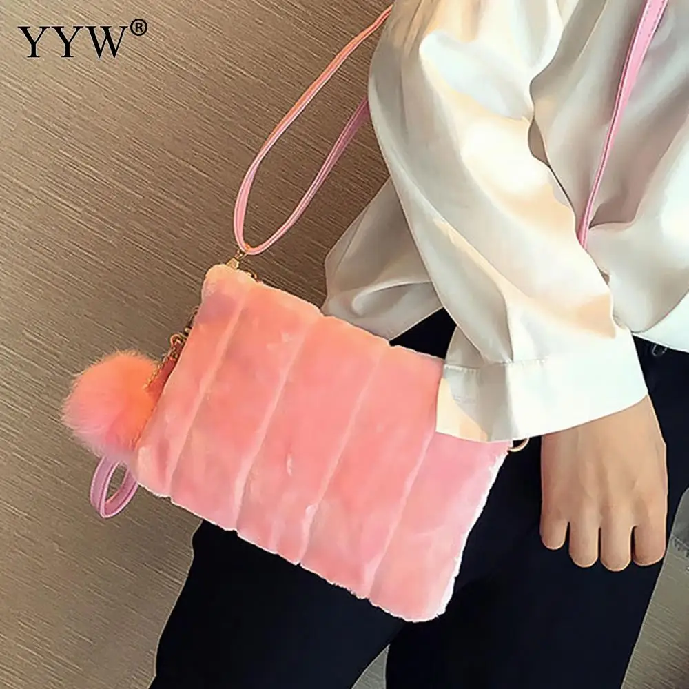 

Pink Plush Fur Women Messager Shoulder Bag Hairy Ball Mini Bolsa Feminina Crossbody Bags For Lady Dropship Designer Phone Purse