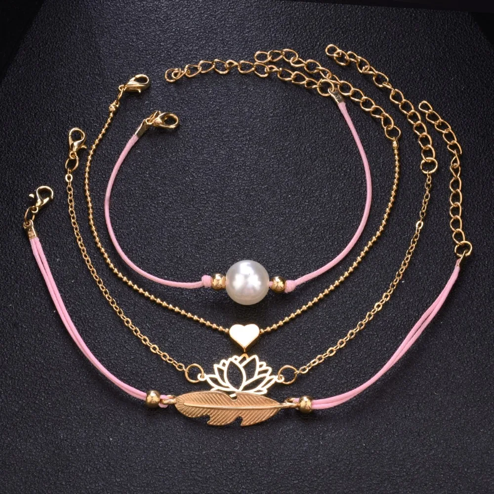 

2018 Pink Rope Gold Chain Leaf Hollow Flower Heart Bracelet Set Fashion Chic Simulated Pearl Charm Simple Bangles & Bracelets