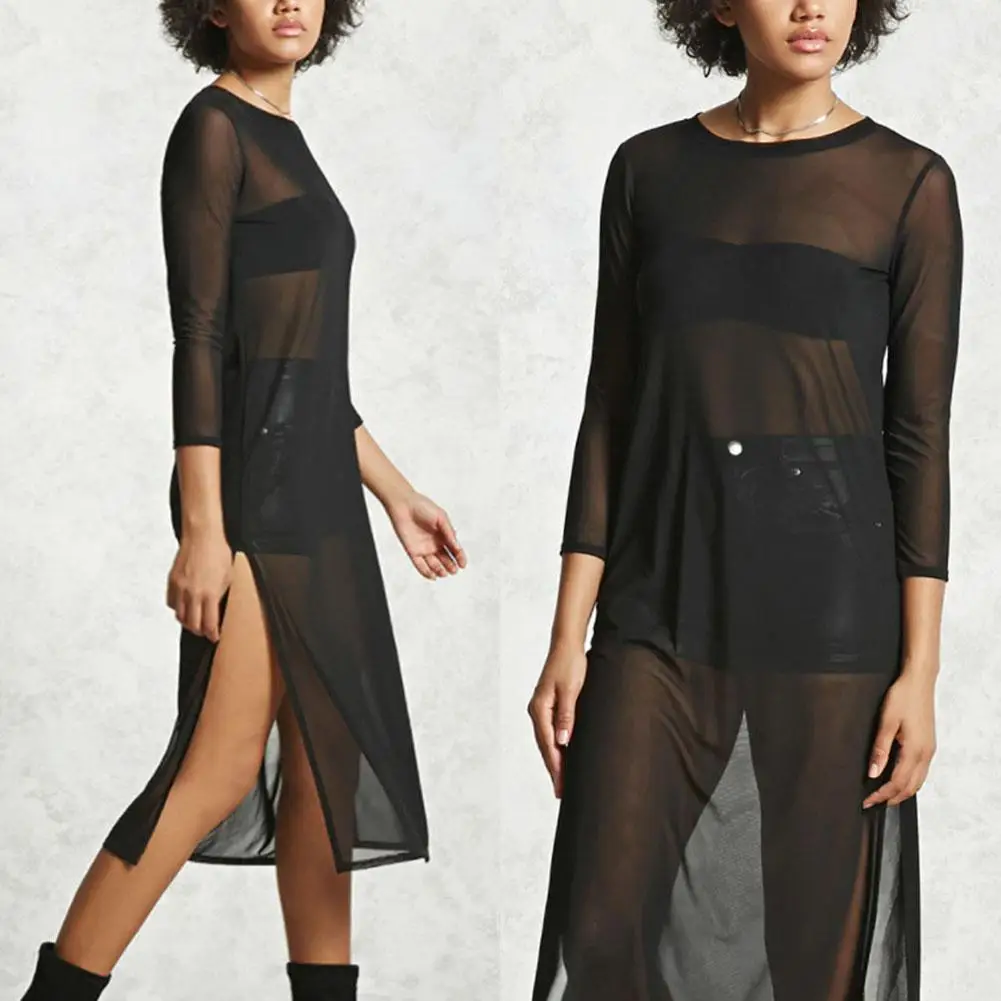 See through Gauze High Slit 3/4 Sleeve Women Swimwear Bikini Cover Up