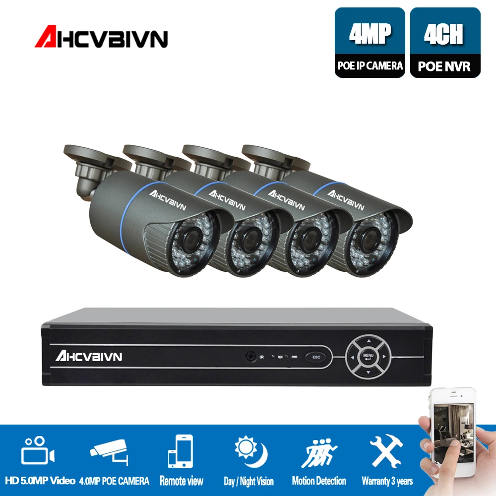 

4CH 5MP CCTV Camera System NVR Kit Outdoor Security 4 x 4MP POE IP Camera P2P IR-CUT Indoor Home Video Surveillance System Set