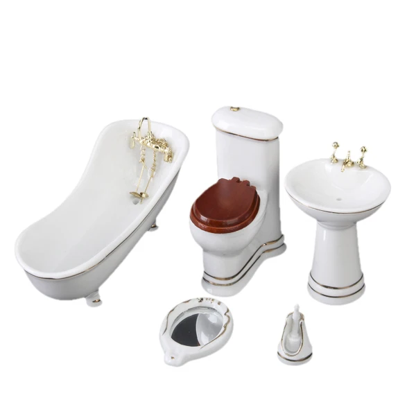 5 PCS White Closestool Bathtub Wash Basin Ceramic Bathroom Pretend Play Toy for 1/12 Miniature Dollhouse 