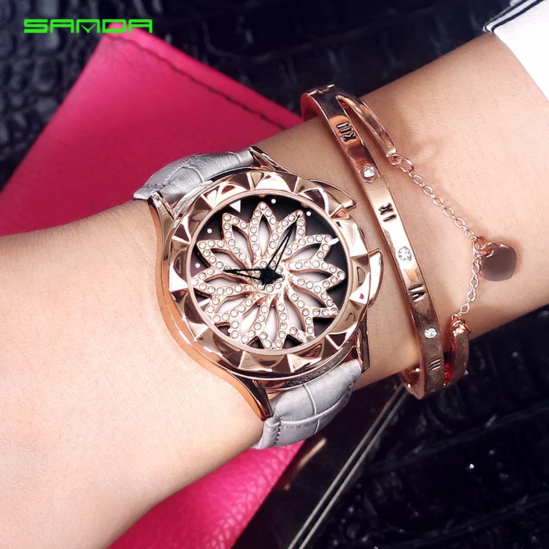 SANDA Creative Rotate Dial Wrist Watch Women Fashion Leather Quartz Watches Bracelet Clock