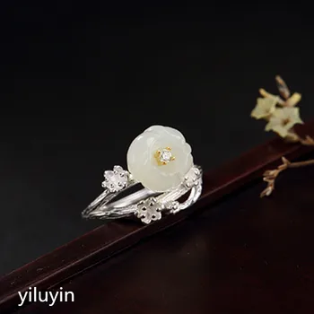 

KJJEAXCMY boutique jewelry S925 pure silver natural Hetian jade white jade inlaid plum blossom lady high-end op