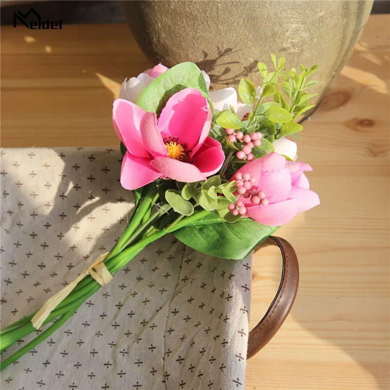 Meldel свадебные букет искусственного шелка Роза Пион 7 цветок с головками розовый букет невесты DIY Выходные туфли на выпускной бал Свадебные Поставки