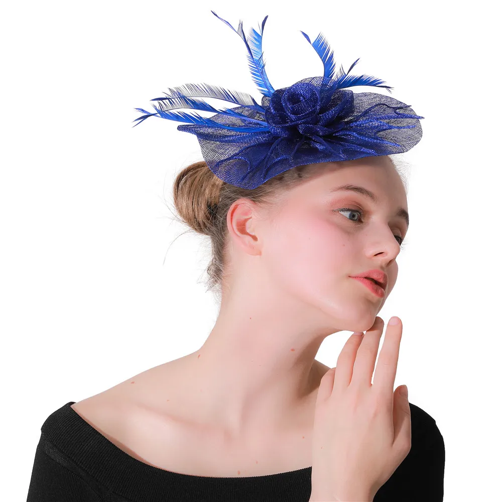 Королевский синий желтый розовый фиолетовый перо Sinamay волосы повязки Свадебные шляпы Свадебная вечеринка Цветочные волосы чародей шляпа повязка на голову для женщин