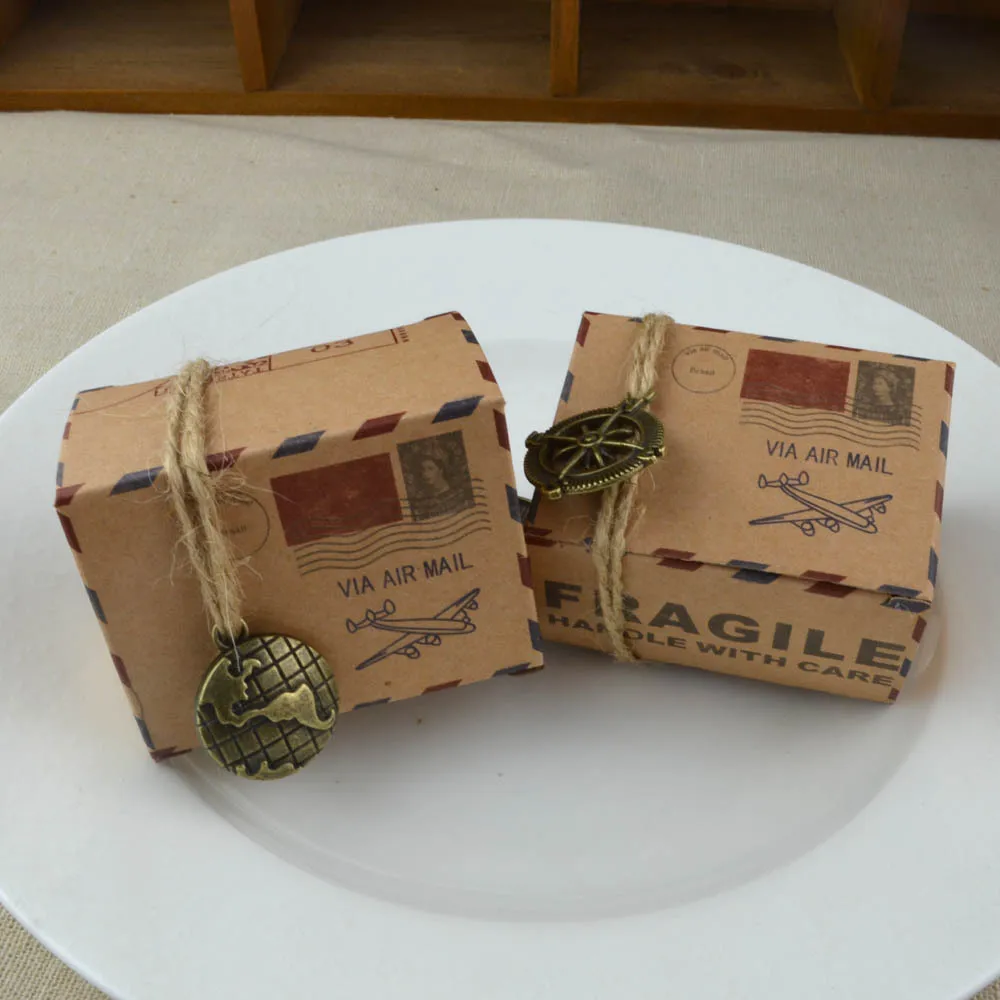 10 комплектов винтажная печать Авиапочта дизайн коробка для конфет с компасом/Мини глобус крафт подарочная коробка подарки сумки свадьба Вечеринка день рождения поставки