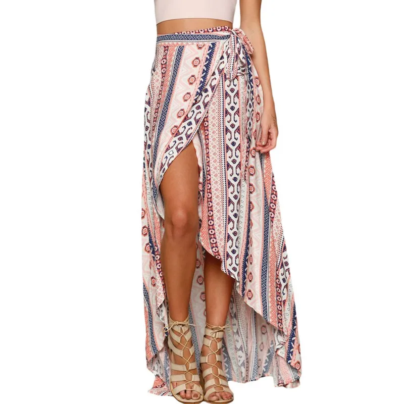 Striped ethnic print fabric long maxi skirts for women 2017 summer bohemian style sarong wrap
