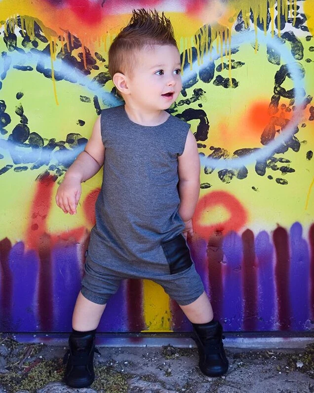 Однотонный хлопковый Детский комбинезон без рукавов комбинезон с карманом из искусственной кожи для маленьких мальчиков