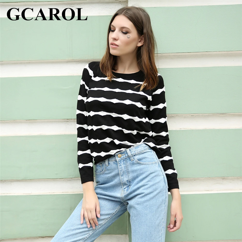 Goedkoop GCAROL Nieuwe Golf Wit Gestreepte Vrouwen Trui Hoge Kwaliteit Stretch Gebreide Trui Casual Basic Gebreide Tops Voor Herfst Winter