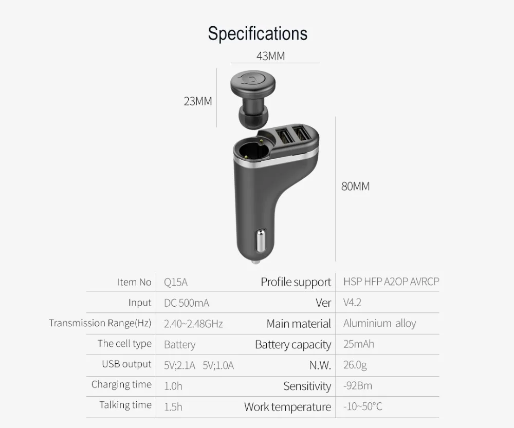 Bluetooth наушники беспроводные вкладыши автомобильное зарядное устройство USB интерфейс Bluetooth 4,2 наушники для вождения с авто