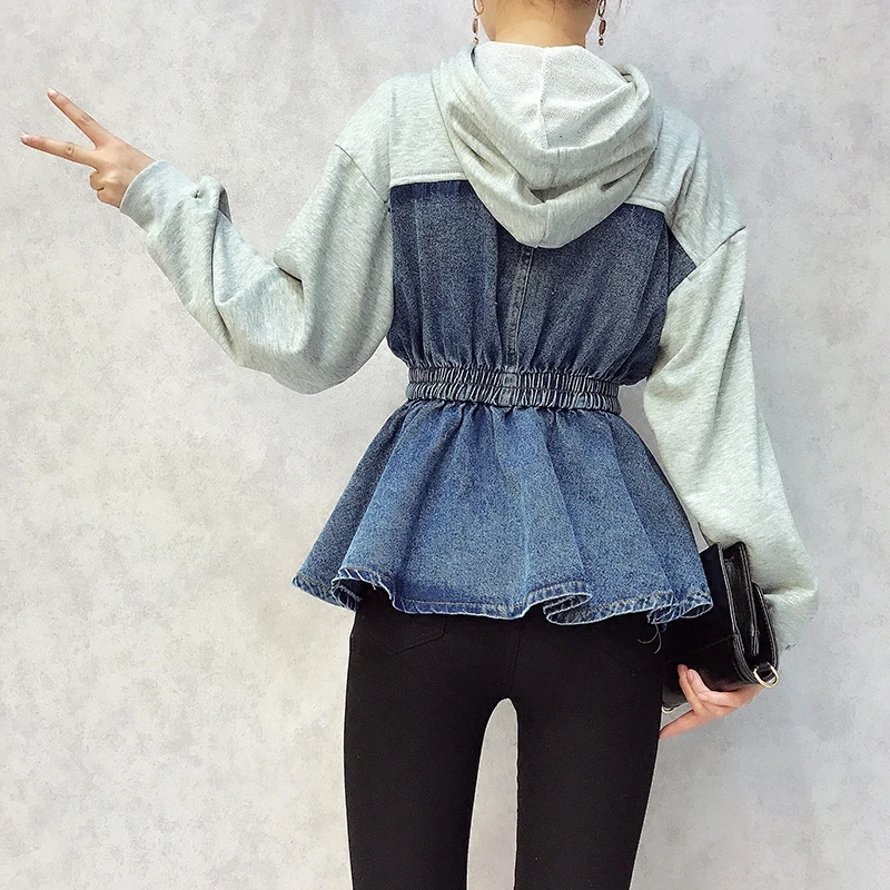 New Spring Fashion Loose Denim Patchwork Hooded Sweatshirts Slim Waist Students Hoodies Casual Tops for Women