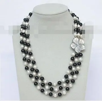 

Free Shipping>> new hot 17"-20" 8mm 3row round white freshwater pearls black agate necklace j8835