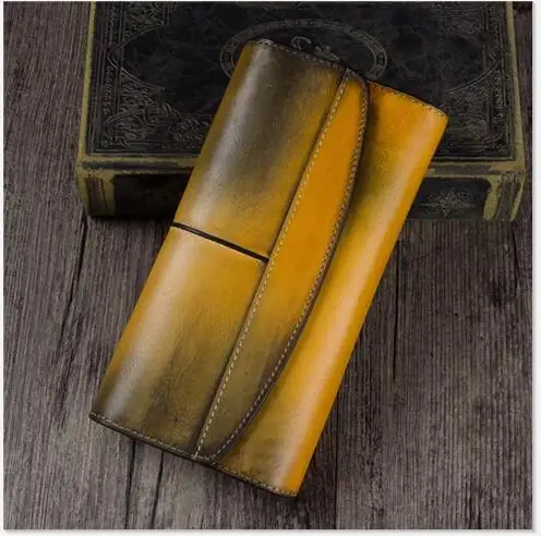 Vintage Designer Genuine Leather Women's Clutch Purse Cow Skin Blackish Green Female Large Trifold Wallet Lady Long Card Wallet - Цвет: Многоцветный