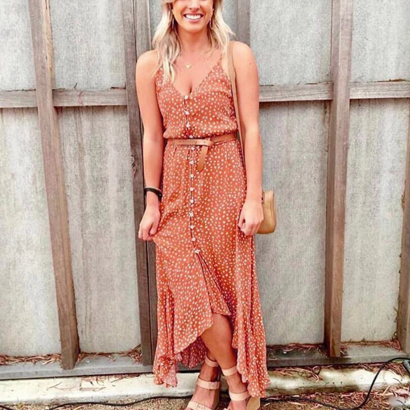 

Women Dress Summer Beach Wear Ladies Clothes Deep V-Neck Sexy Sling Boho Floral Dresses Button Down Maxi Long Dress