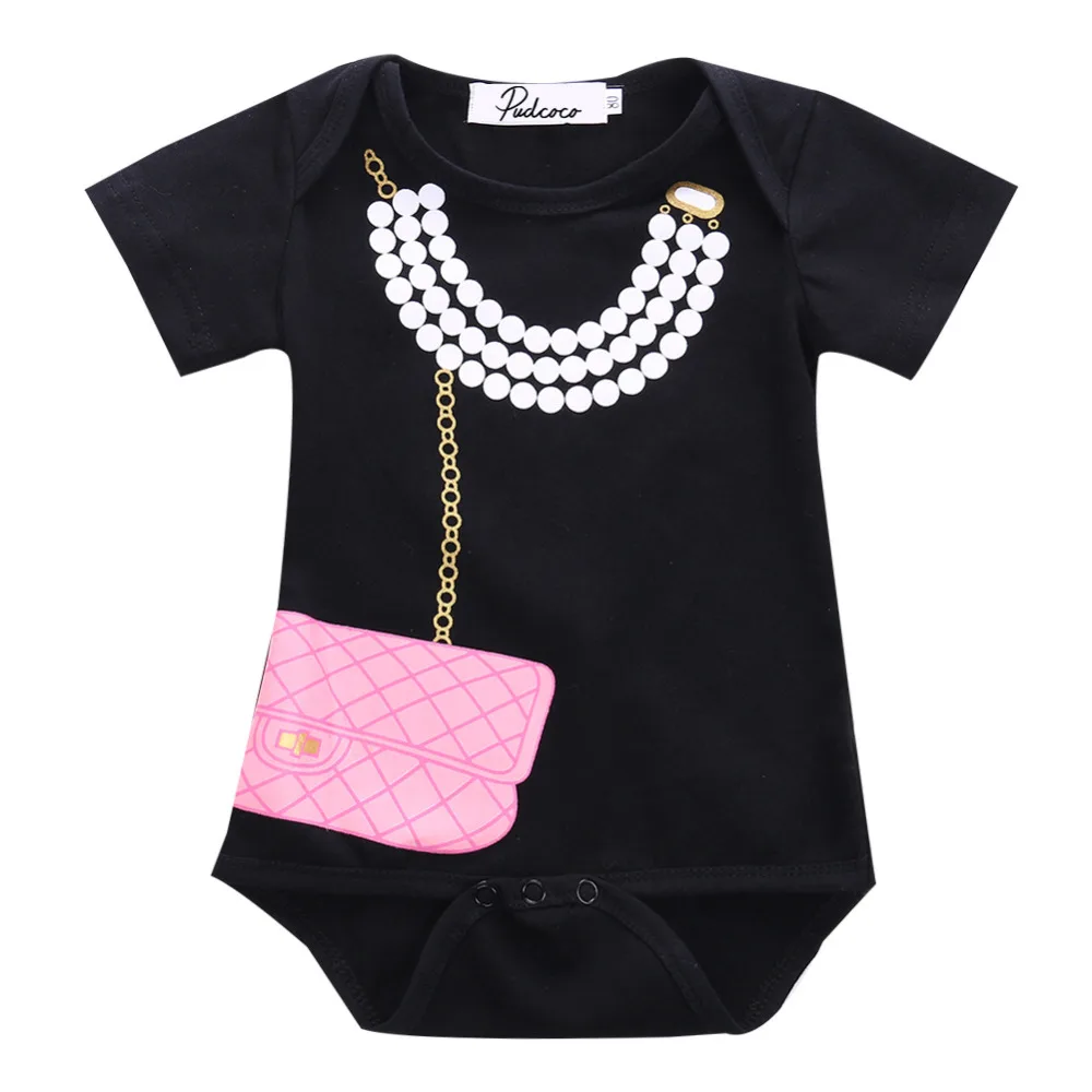2018 New Cute Baby Girls Clothes 0-18M Infant Kids Clothing Summer Short Sleeve Fake Necklace Purse Little Girls Bodysuit