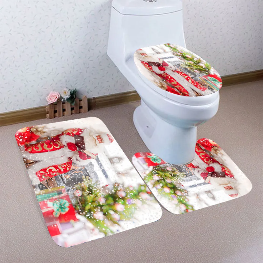3 шт Рождественский нескользящий коврик для ванной комнаты с крышкой для унитаза, набор ковриков для ванной, Товары для ванной, рождественские Чехлы для унитаза
