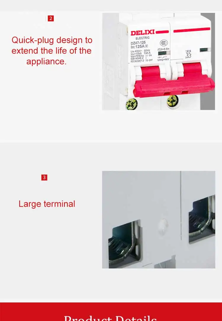 Миниатюрный автоматический воздушный выключатель DZ47-125 DELIXI MCB 2 полюса "D" Curvers 63A-125A 63A 80A 100A 125A