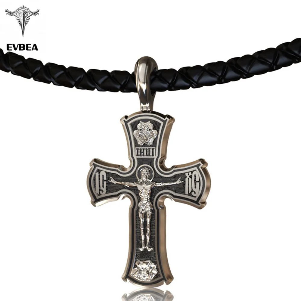 

EVBEA Mens Cross Pendant Simple Viking Crucifix Christian Religious Jewelry With Black Genuine Leather Cord Chain Free As Gifts