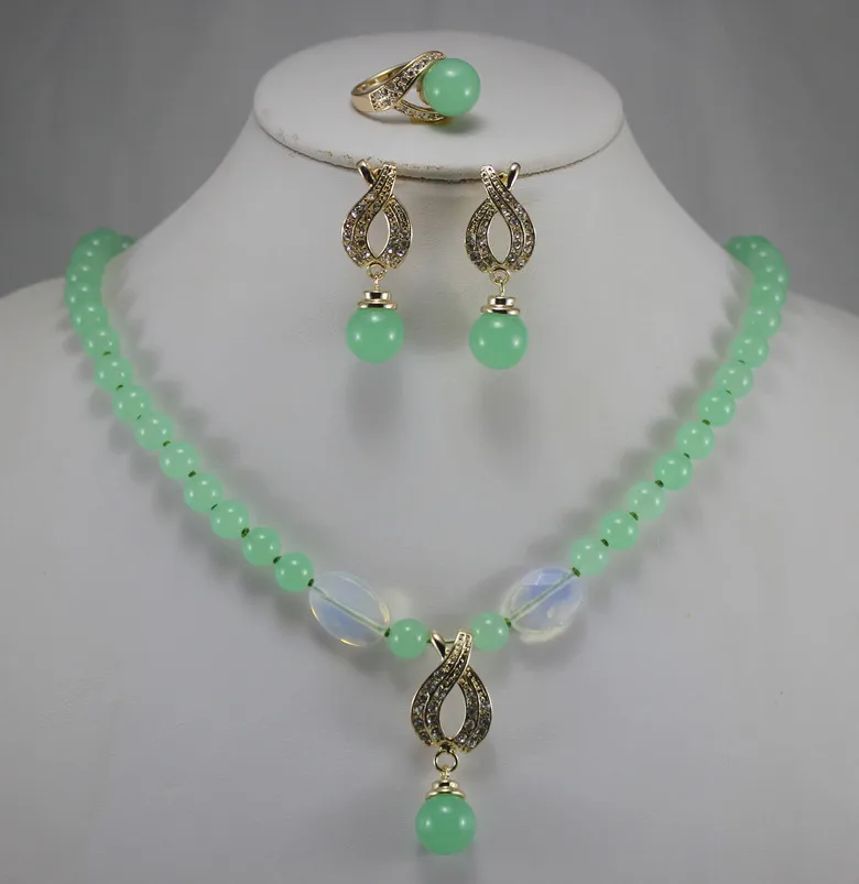 

best gift fashion jewelry set!Wholesale factory price Women's semi-precious jade stone Necklace earring ring(7/8/9) set #103 5.3