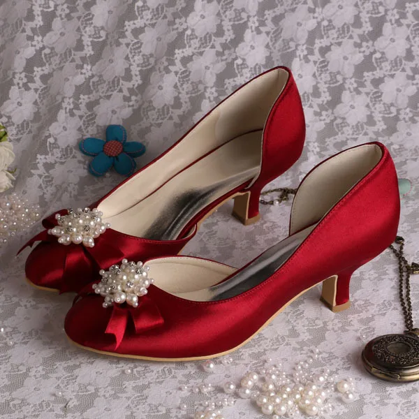 Wedopus Burgundy Women Bridal Wedding Shoes Small Heels