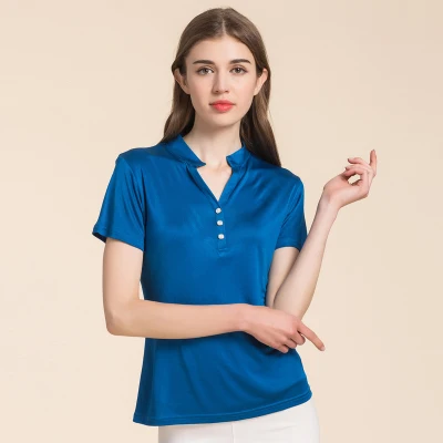 Женская футболка, натуральный шелк, Базовая рубашка, короткая, стоячая шея, джемпер,, осень, новинка, белый, черный, плюс размер, топы - Цвет: Синий