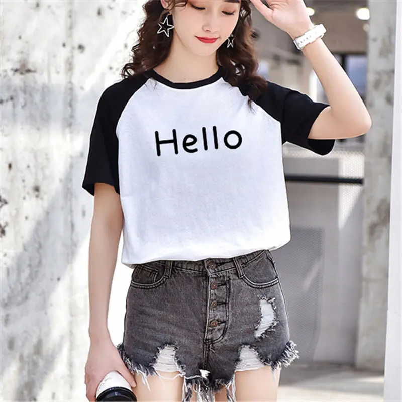 

Korea New 2019 Spring Summer tshirt BF Black Patchwork College Short Sleeve T-shirts Female T Shirt Harajuku Women Top Tshirt