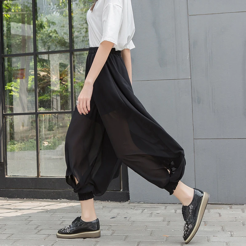 [EAM] Autumn Winter Woman Stylish Black High Waist Elastic Waist Draped Hollow Out Loose Chiffon Wide Leg Pants LE520