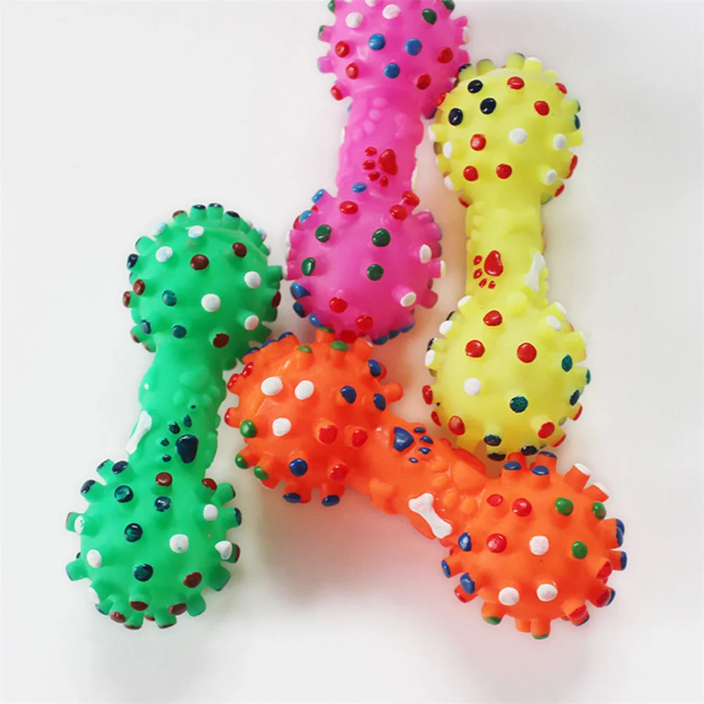 Colorful Dotted Dumbbell Shaped Dog Toys Squeeze Squeaky Faux Bone Pet