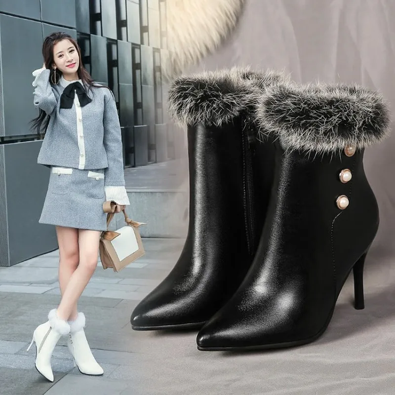 

US4-11 Womens PU Leather Pointed Toe Ankle Boots Pearl Stilettos High Heel Side Zip Rabbit Fur Shoes Black White Plus Size A661