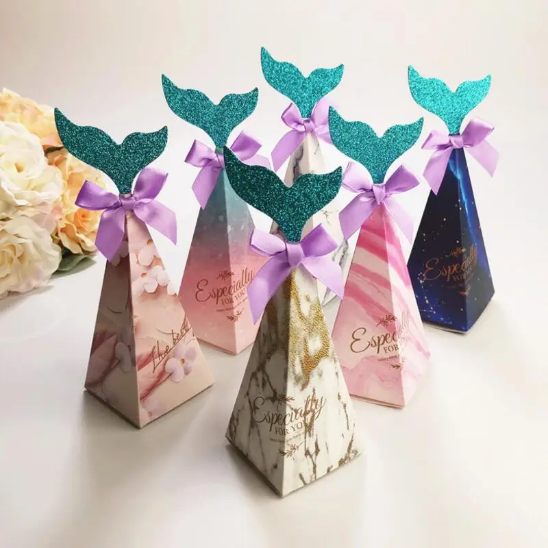 

50pcs/lot Creative Mermaid Shape Candy Box European Wedding Pyramid Paper Candy Box Baby Birthday Party Gift Box