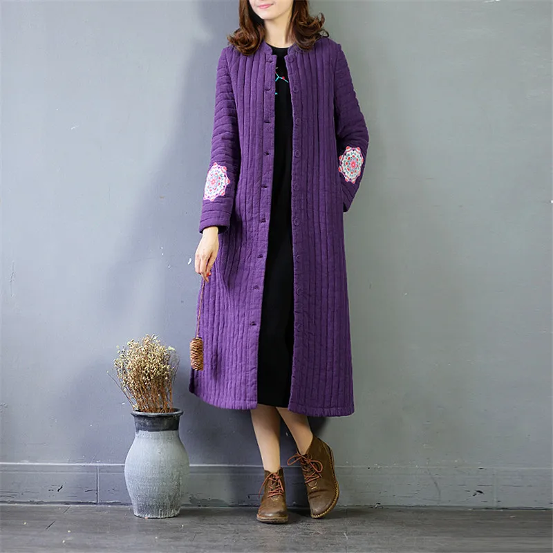 

SCUWLINEN Women Parka 2019 / 2019 Spring Winter Thicken Warm Chinese Style Embroidery Vintage Long Cotton-padded Coat Women S687