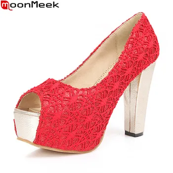 

MoonMeek new summer spring platform pumps women shoes extreme high heels peep toe slip on shallow square heels ladies shoes