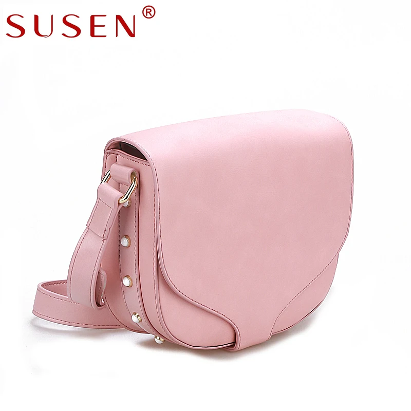 

SUSEN PU Leather Saddle Handbags Solid Soft Shoulder Messenger Bag Women Fashion Zipper Hasp Crossbody Bags Pink Grey Black Navy