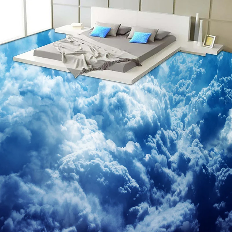 Custom Self adhesive Floor Mural Modern Blue Sky Clouds 3D Wallpaper