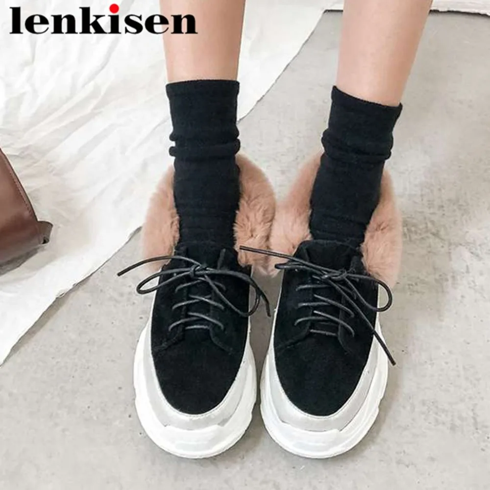 

Simple style lace up kid suede platform sneakers rabbit fur decoration med bottom young girls round toe vulcanized shoes L55