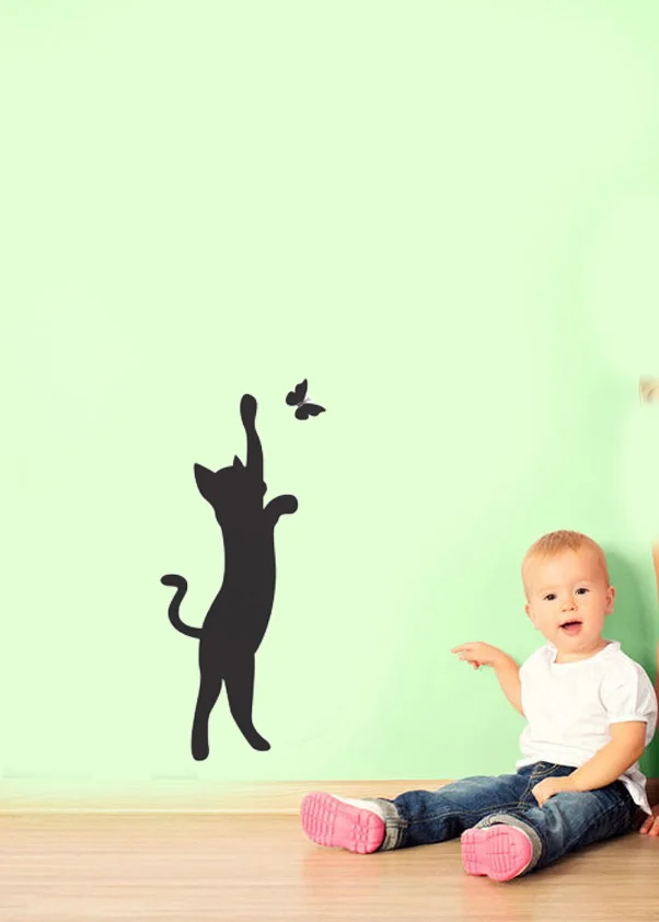 Funny Little Cat Play with Butterfly Wall Sticker DIY Art Vinyls Decals Window Door fridge kids Bedroom Home Decor Wallpaper