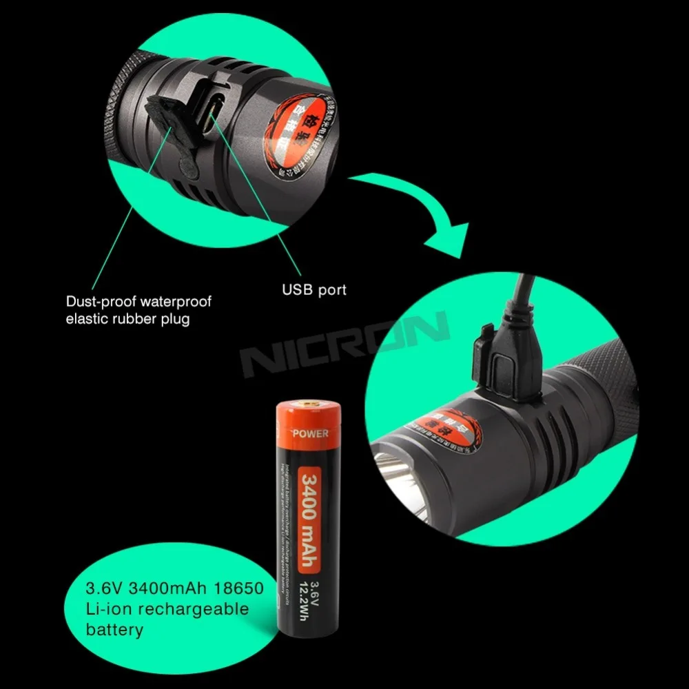NICRON Mini 9 Вт Водонепроницаемый IPX8 5200cd 900LM светодиодный USB Супер яркость портативный