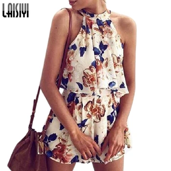 

LAISIYI Women Halter Tank Top Hot Shorts Suit Summer Boho Floral Two Piece Set Camisole Shorts Fashion Print Set 2019 ASSU20219