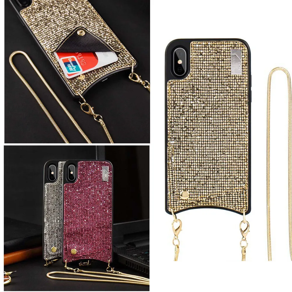 

case for iphone XR XS MAX X 6 6S 7 8 plus case cover luxury glitter bling diamond wallet card shoulder chain strap phone bag