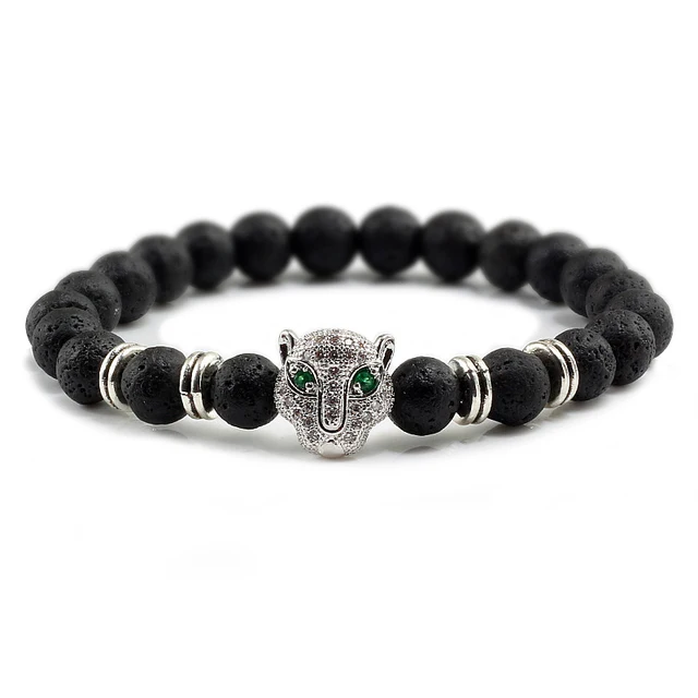 Pulsera de Lava negra, Reiki, Buda, piedra Natural, cabeza de leopardo.