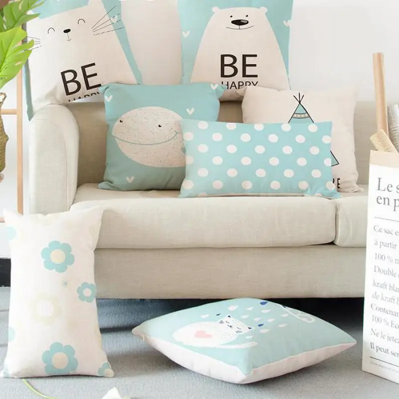 

Cute Animal Bear Pillow Be happy Cartoon Cat Whale Owl Yoga Tent Flower Lumbar Cushion Almofadas Para Sofa For Bed Sofa Office