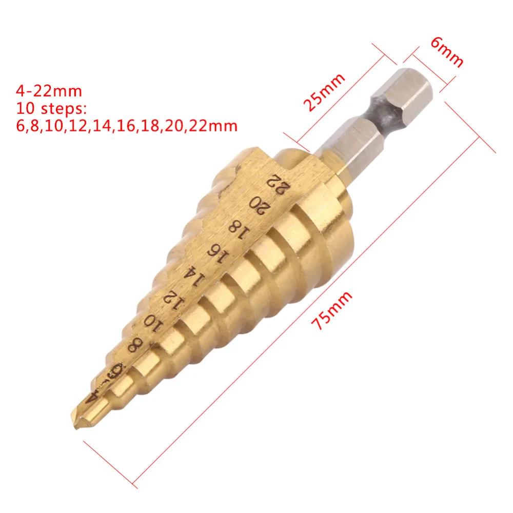 4-22 мм ступенчатое сверло 1/" с шестигранным хвостовиком, высокоскоростное стальное с титановым покрытием, ступенчатое сверло, дырокол, электроинструменты