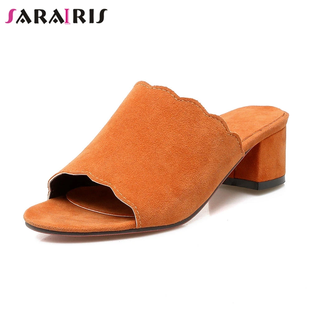 

SARAIRIS Casual Flock Summer Mules Ladies slip-on Elegant Flock Pumps Women 34-43 Med Heels Shoes Woman For Leisure