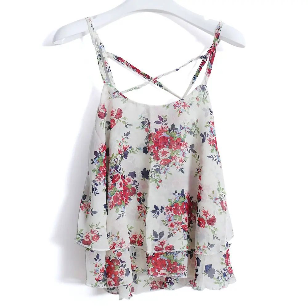 Превалирующий женский летний ремень цветочный принт цветочный шифоновая рубашка жилет Блузки укороченный топ