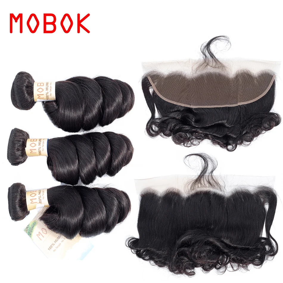 

MOBOK 100% Human Hair Peruvian Loose Wave Human Hair 3 Bundles With 13*4 Lace Frontal Closure Non Remy Natural Color Hair