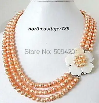 

Free Shipping >>>>3 Rows Real Pink Pearl White Shell Flower 18KWGP Clasp Necklace