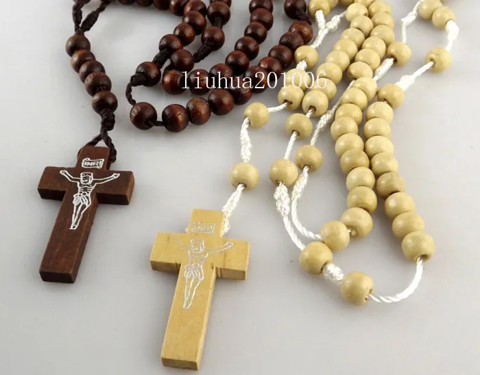 

Wholesale 24 pcs Mix Color Wooden Rosary Beads Jesus Cross Pendant Necklaces Wood Religious Cross Jewelry