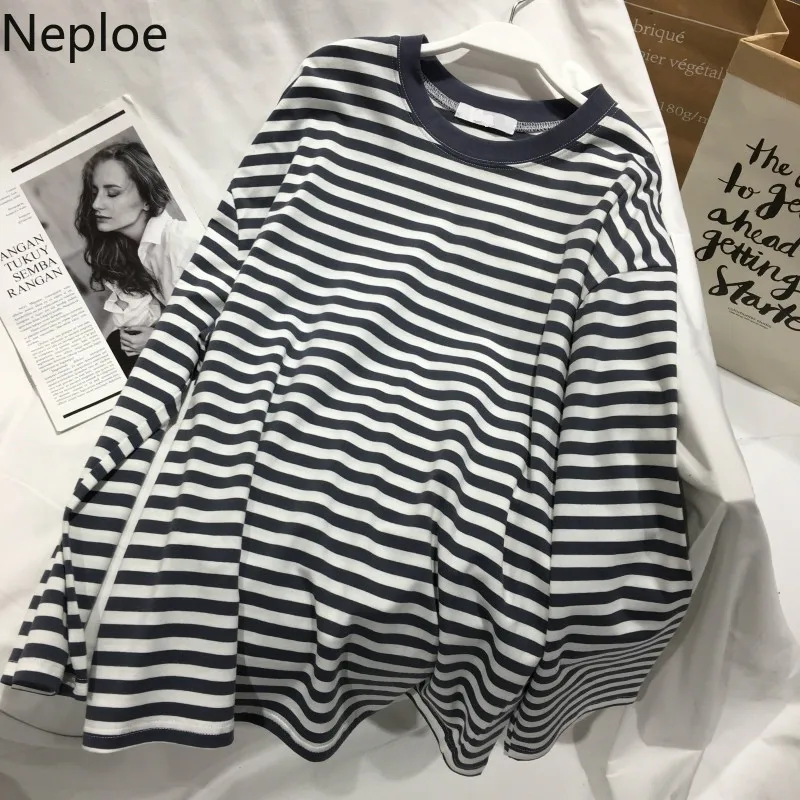 

Neploe 2019 Spring Autumn T Shirt for Women Korean Fashion Loose Basic Striped Tees Oversized Long Sleeve Tops Femme Shirts