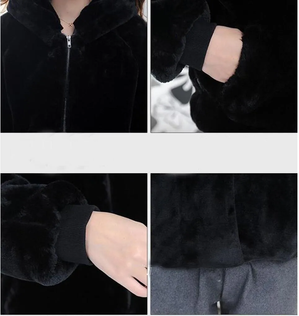 Новые корейские зимние женские Куртки из искусственной норки, черное роскошное пальто на молнии для девочек, толстое теплое пальто с капюшоном и длинными рукавами, большие размеры S~ 3XL